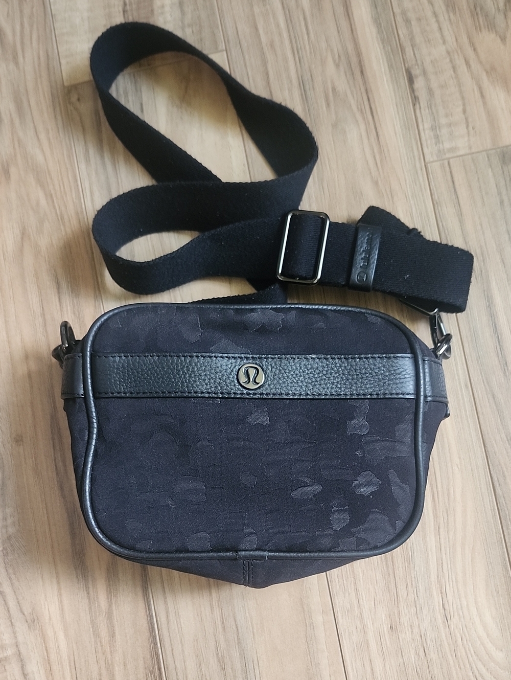 lululemon athletica Black Camo Crossbody Belt Bag with Leather Trim